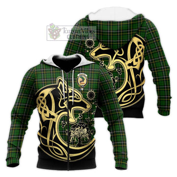 MacAlpin Modern Tartan Knitted Hoodie with Family Crest Celtic Wolf Style