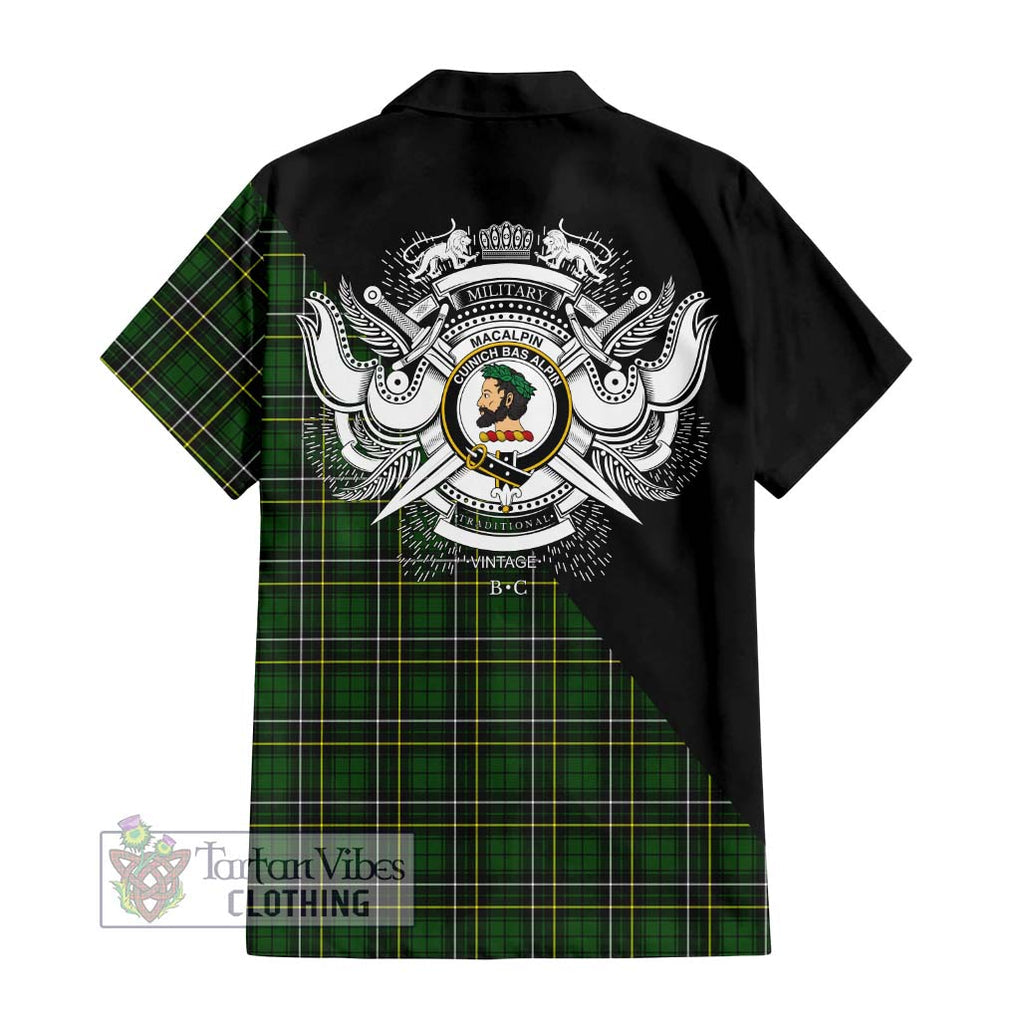 MacAlpin Modern Tartan Short Sleeve Button Shirt with Family Crest and Military Logo Style - Tartanvibesclothing Shop