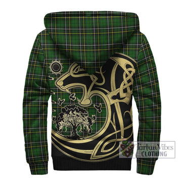 MacAlpin Modern Tartan Sherpa Hoodie with Family Crest Celtic Wolf Style