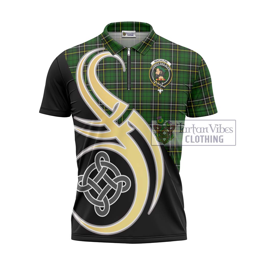 Tartan Vibes Clothing MacAlpin Modern Tartan Zipper Polo Shirt with Family Crest and Celtic Symbol Style