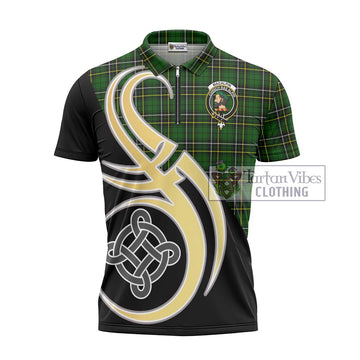 MacAlpin Modern Tartan Zipper Polo Shirt with Family Crest and Celtic Symbol Style