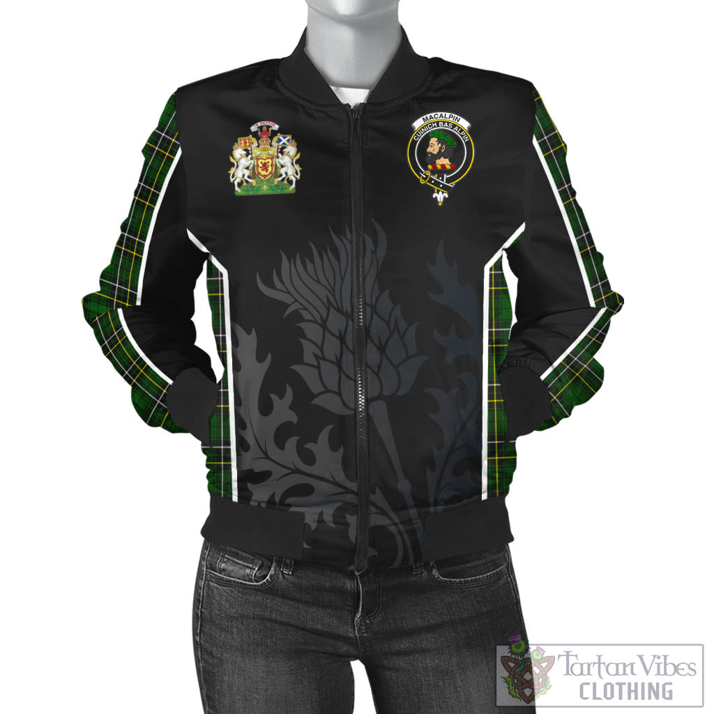 Tartan Vibes Clothing MacAlpin Modern Tartan Bomber Jacket with Family Crest and Scottish Thistle Vibes Sport Style