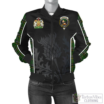 MacAlpin Modern Tartan Bomber Jacket with Family Crest and Scottish Thistle Vibes Sport Style