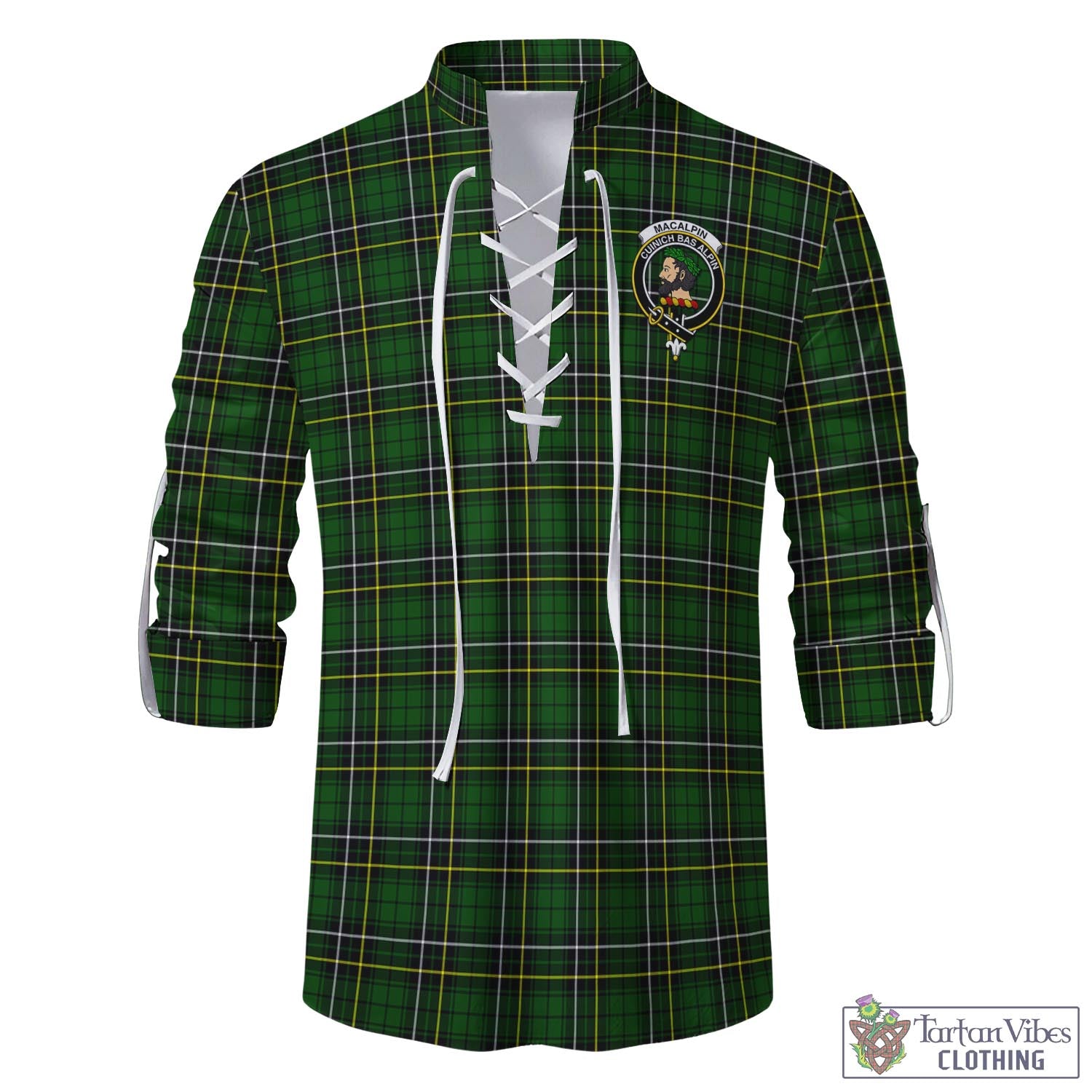 Tartan Vibes Clothing MacAlpin Modern Tartan Men's Scottish Traditional Jacobite Ghillie Kilt Shirt with Family Crest