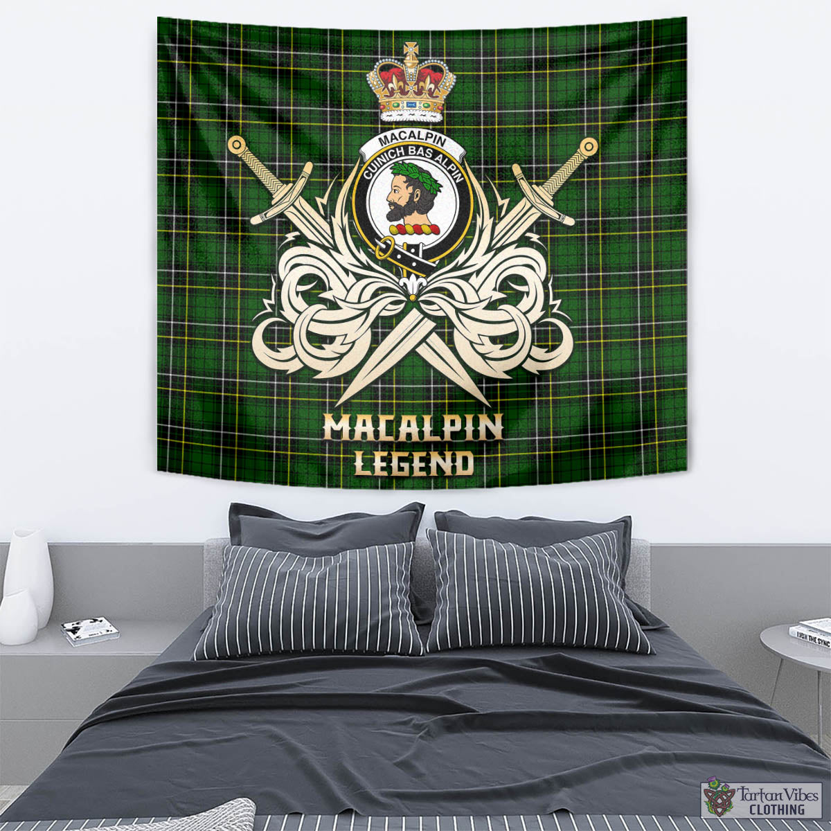 Tartan Vibes Clothing MacAlpin Modern Tartan Tapestry with Clan Crest and the Golden Sword of Courageous Legacy