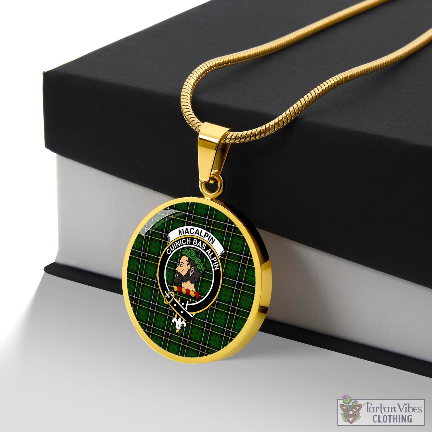 Tartan Vibes Clothing MacAlpin Modern Tartan Circle Necklace with Family Crest