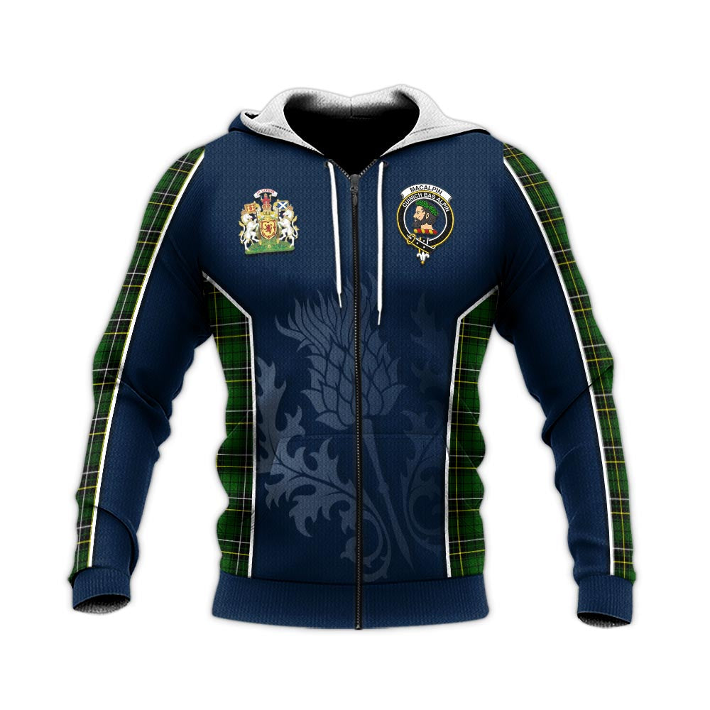 Tartan Vibes Clothing MacAlpin Modern Tartan Knitted Hoodie with Family Crest and Scottish Thistle Vibes Sport Style