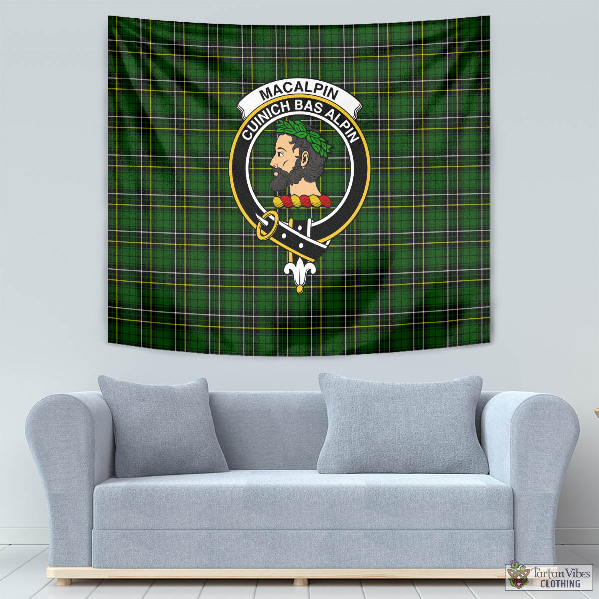 Tartan Vibes Clothing MacAlpin Modern Tartan Tapestry Wall Hanging and Home Decor for Room with Family Crest