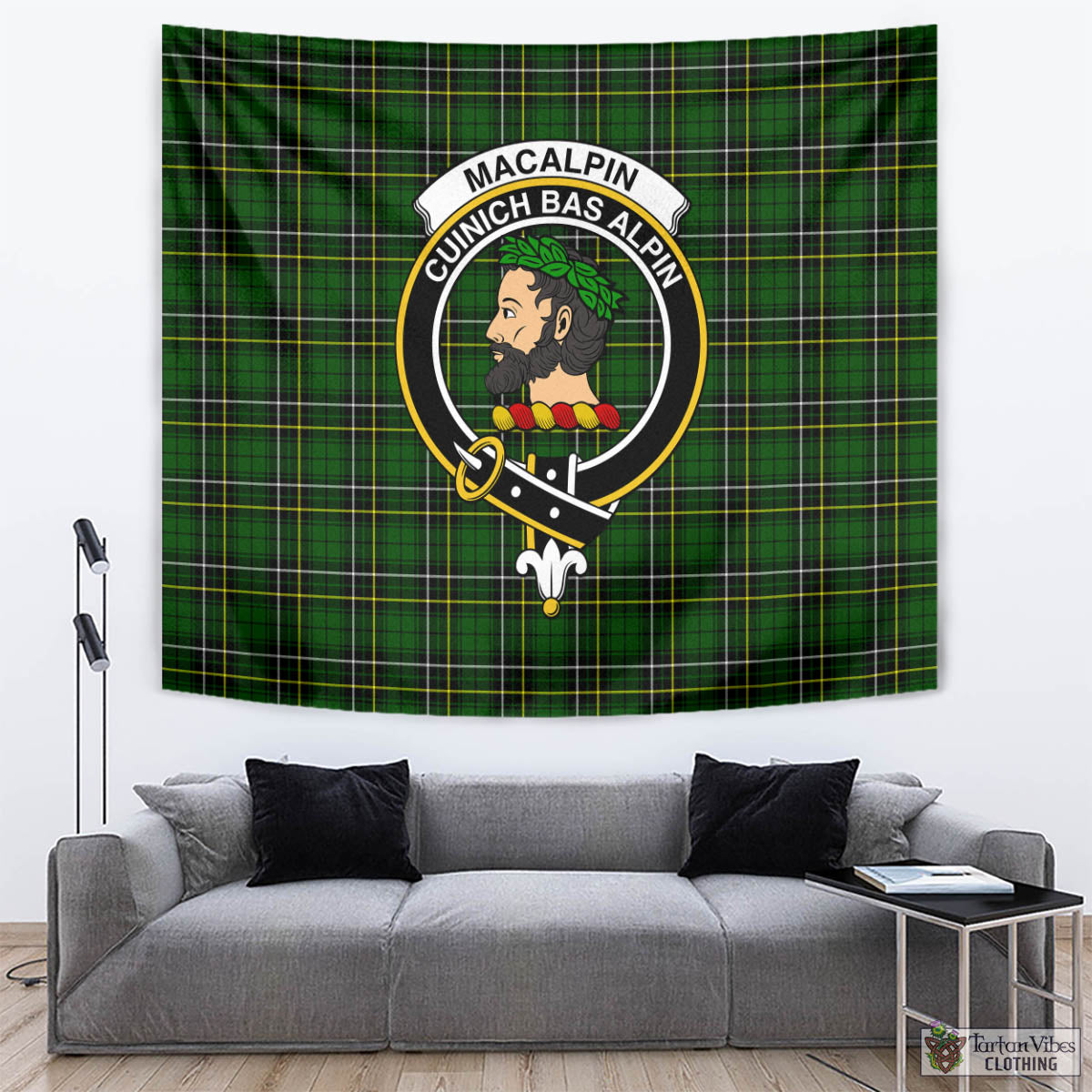 Tartan Vibes Clothing MacAlpin Modern Tartan Tapestry Wall Hanging and Home Decor for Room with Family Crest