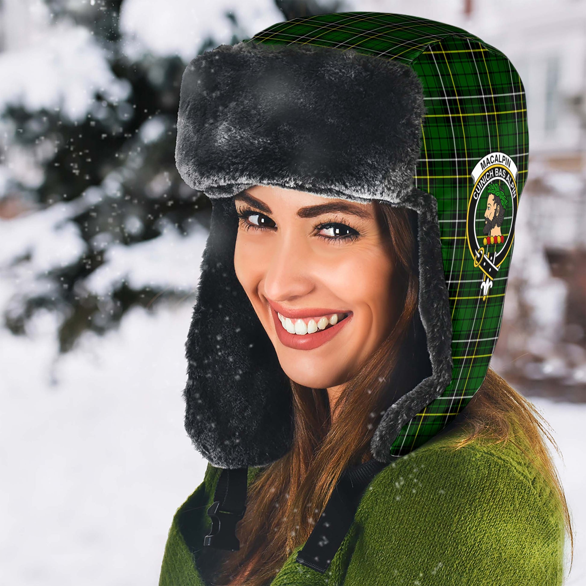 MacAlpin Modern Tartan Winter Trapper Hat with Family Crest - Tartanvibesclothing