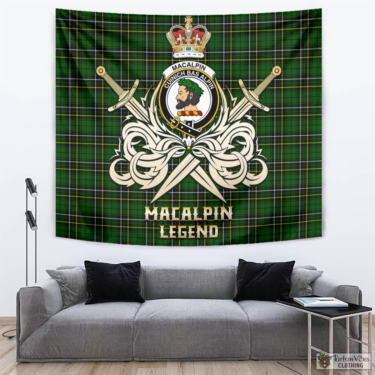 Tartan Vibes Clothing MacAlpin Modern Tartan Tapestry with Clan Crest and the Golden Sword of Courageous Legacy