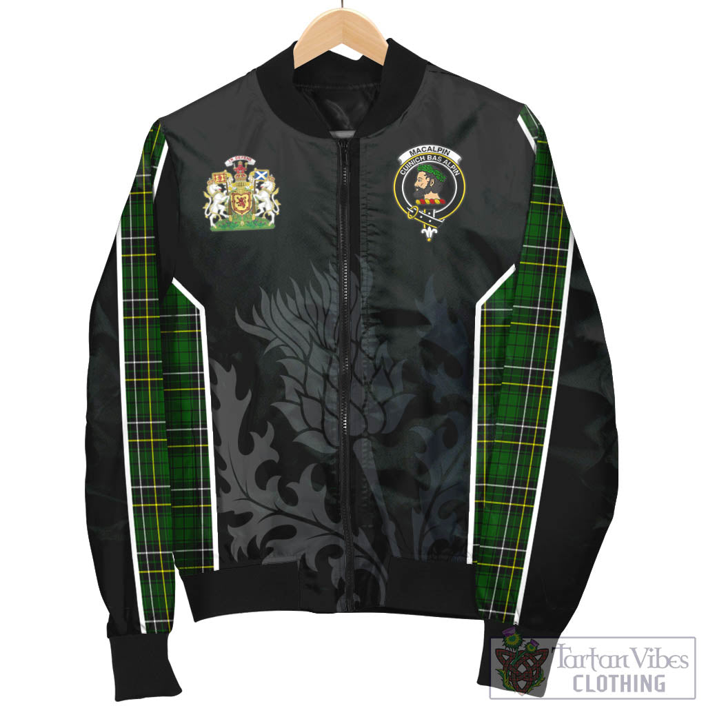 Tartan Vibes Clothing MacAlpin Modern Tartan Bomber Jacket with Family Crest and Scottish Thistle Vibes Sport Style