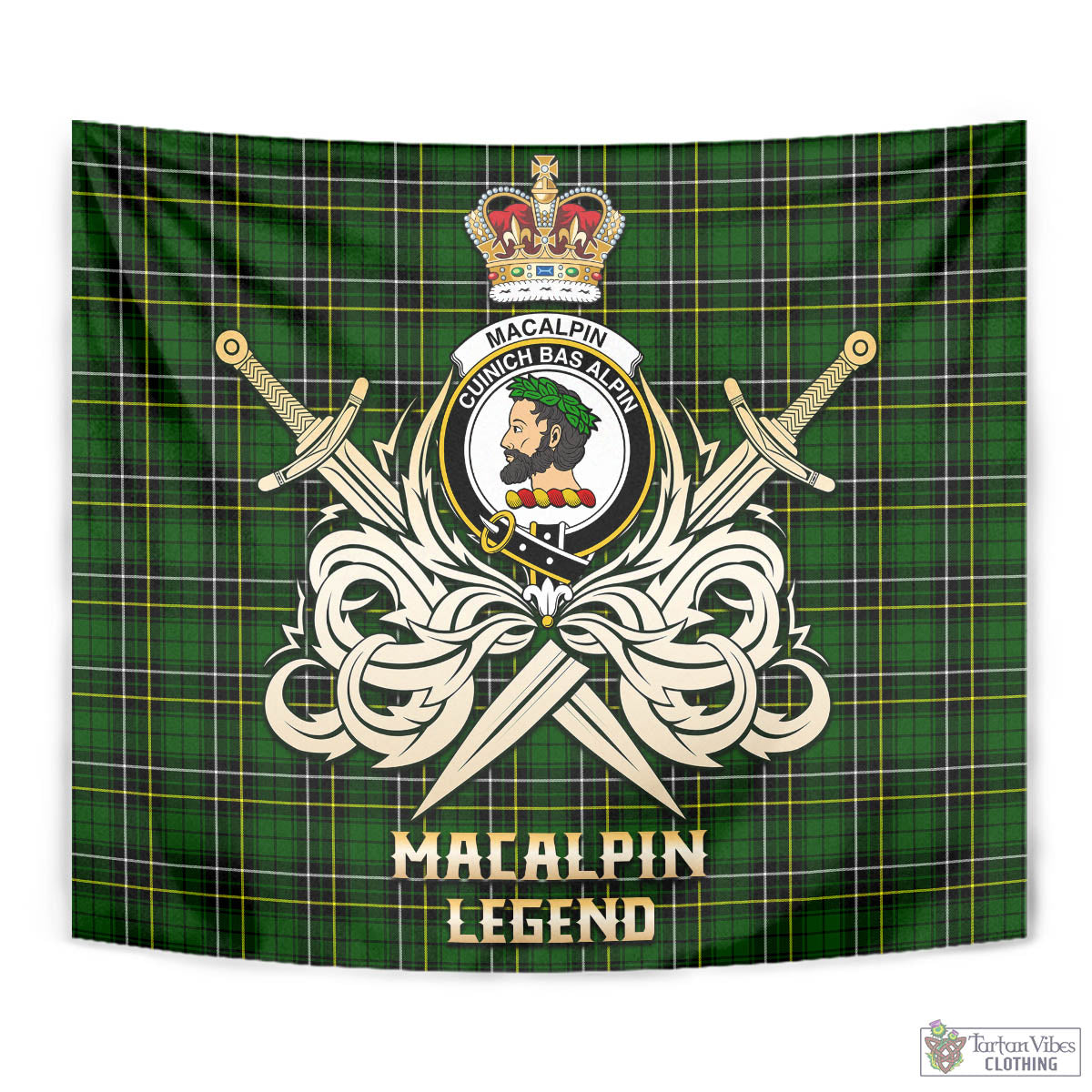 Tartan Vibes Clothing MacAlpin Modern Tartan Tapestry with Clan Crest and the Golden Sword of Courageous Legacy