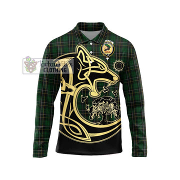 MacAlpine Tartan Long Sleeve Polo Shirt with Family Crest Celtic Wolf Style Unisex - Tartan Vibes Clothing