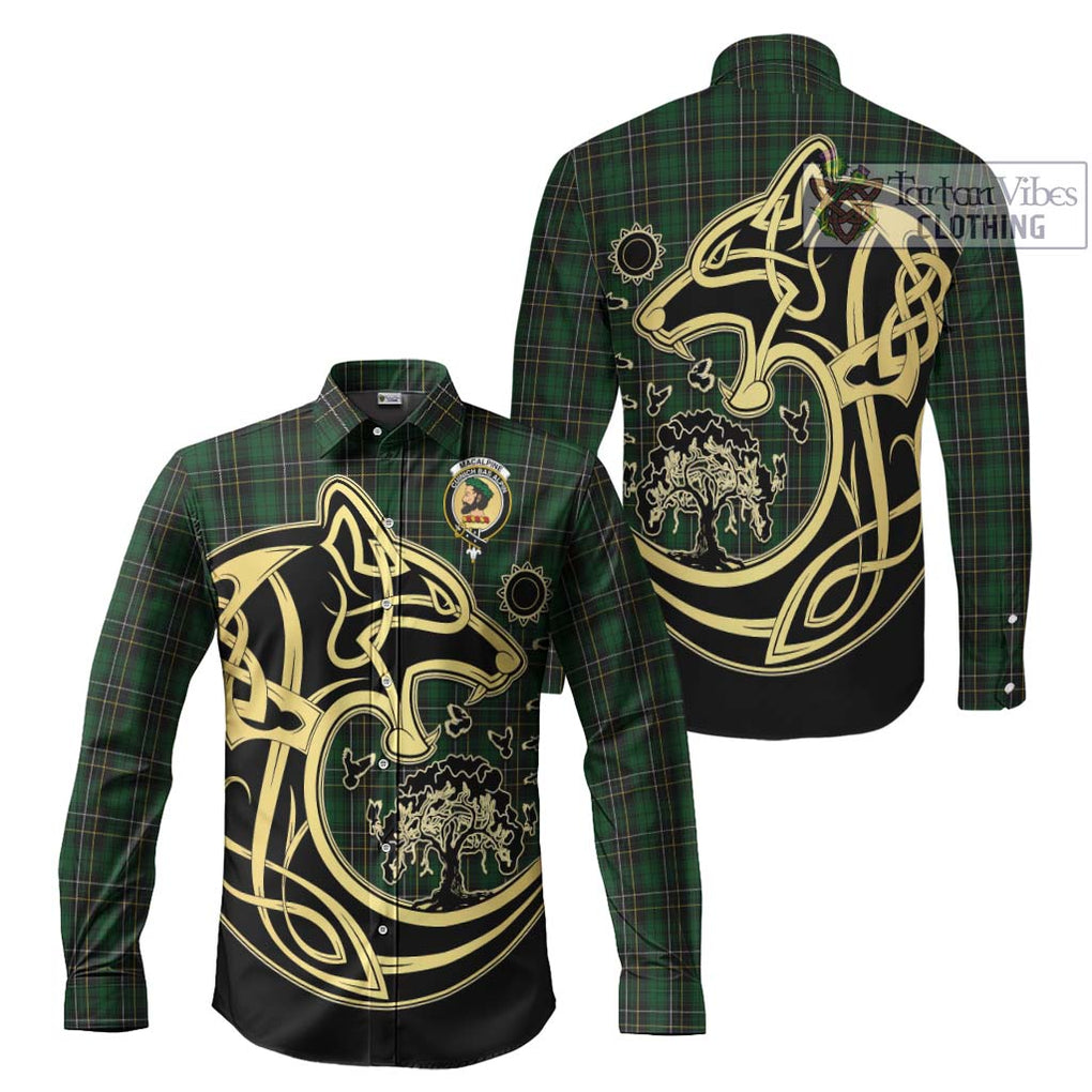 MacAlpine Tartan Long Sleeve Button Shirt with Family Crest Celtic Wolf Style Men's Shirt S - Tartan Vibes Clothing