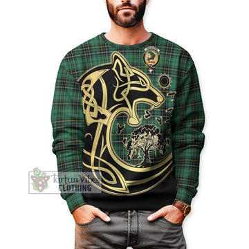 MacAlpine Ancient Tartan Sweatshirt with Family Crest Celtic Wolf Style