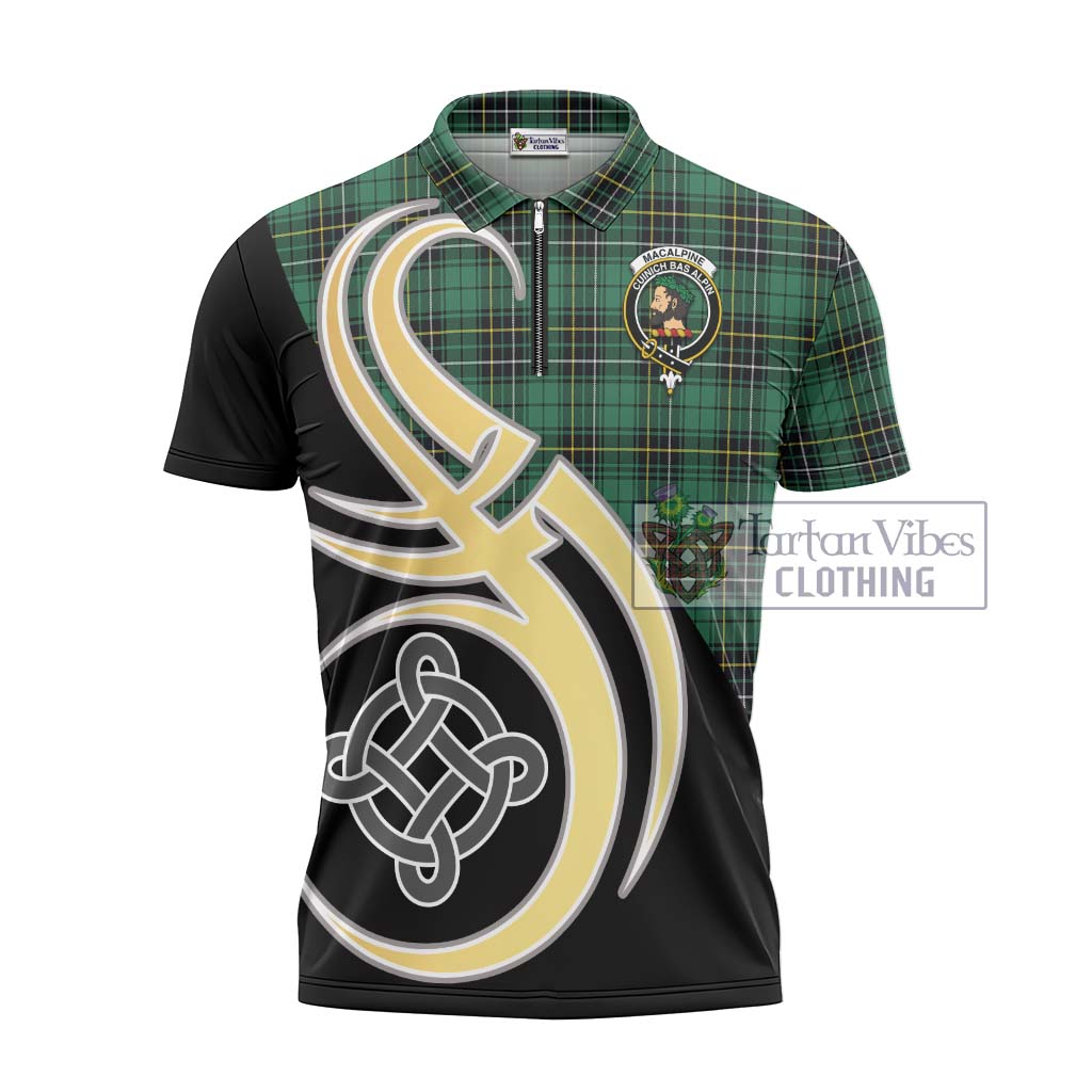 Tartan Vibes Clothing MacAlpine Ancient Tartan Zipper Polo Shirt with Family Crest and Celtic Symbol Style