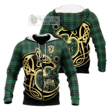 MacAlpine Ancient Tartan Knitted Hoodie with Family Crest Celtic Wolf Style