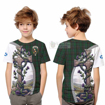 MacAlpine (MacAlpin) Tartan Kid T-Shirt with Family Crest and St. Andrew's Cross Accented by Thistle Vines Youth XL Size14 - Tartan Vibes Clothing