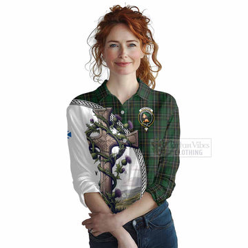 MacAlpine (MacAlpin) Tartan Women's Casual Shirt with Family Crest and St. Andrew's Cross Accented by Thistle Vines Female - Tartan Vibes Clothing