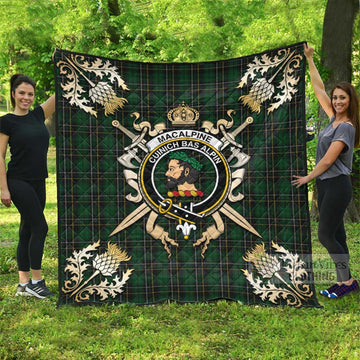 MacAlpine (MacAlpin) Tartan Quilt with Family Crest and Scottish Golden Courage Shield