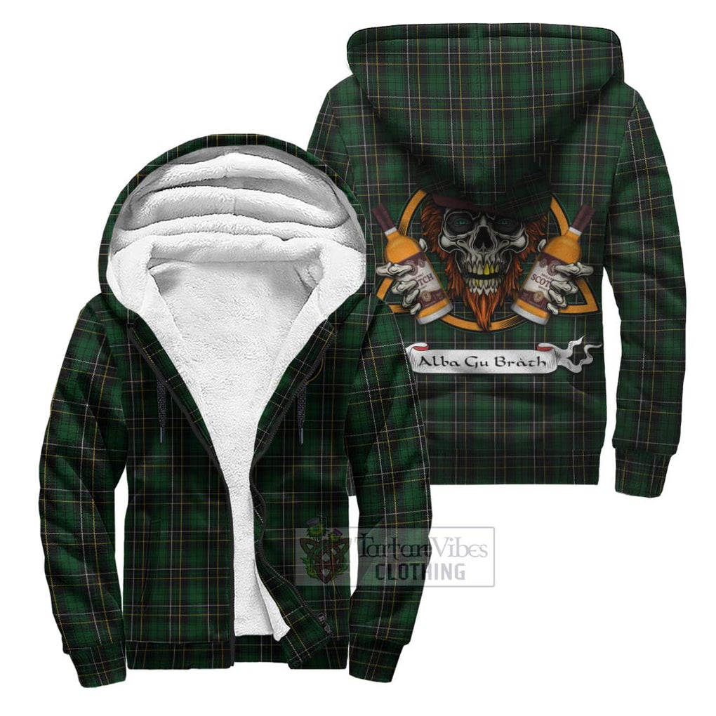 Tartan Vibes Clothing MacAlpine (MacAlpin) Tartan Sherpa Hoodie with Family Crest and Bearded Skull Holding Bottles of Whiskey