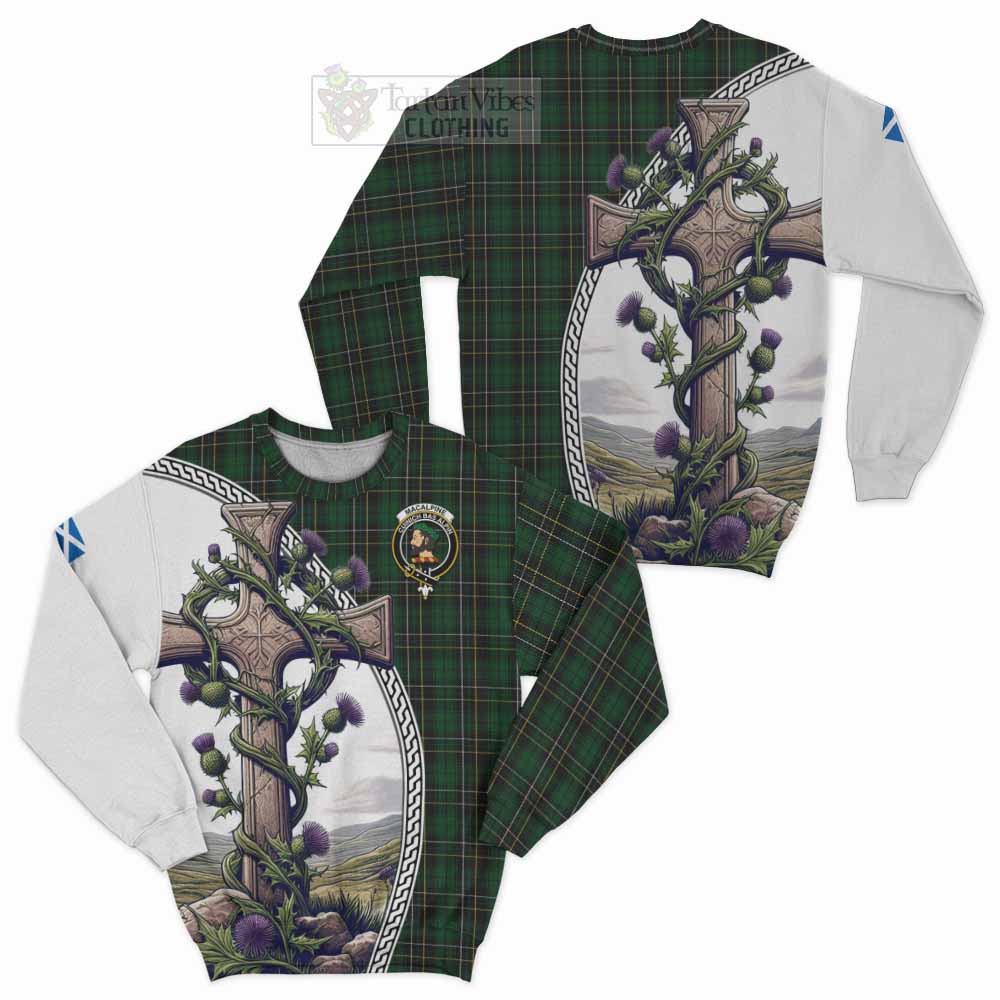 Tartan Vibes Clothing MacAlpine (MacAlpin) Tartan Sweatshirt with Family Crest and St. Andrew's Cross Accented by Thistle Vines