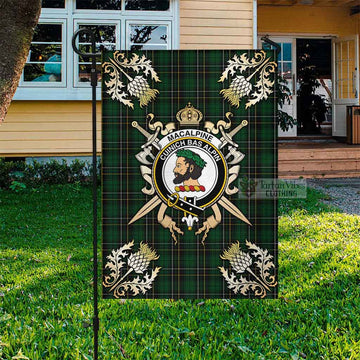 MacAlpine (MacAlpin) Tartan Flag with Family Crest and Golden Thistle Crossed Sword Design