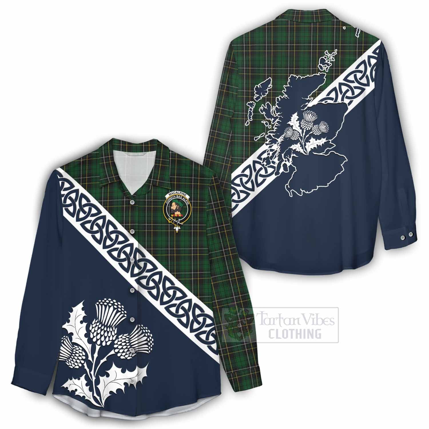 Tartan Vibes Clothing MacAlpine (MacAlpin) Tartan Women's Casual Shirt Featuring Thistle and Scotland Map