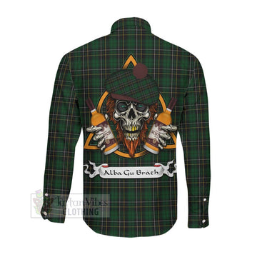 MacAlpine (MacAlpin) Tartan Long Sleeve Button Shirt with Family Crest and Bearded Skull Holding Bottles of Whiskey