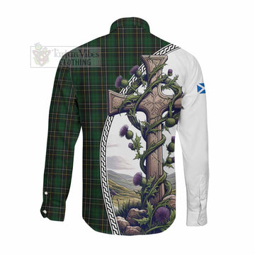 MacAlpine (MacAlpin) Tartan Long Sleeve Button Shirt with Family Crest and St. Andrew's Cross Accented by Thistle Vines