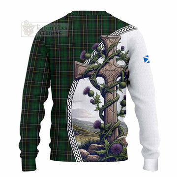 MacAlpine (MacAlpin) Tartan Knitted Sweater with Family Crest and St. Andrew's Cross Accented by Thistle Vines - Tartan Vibes Clothing