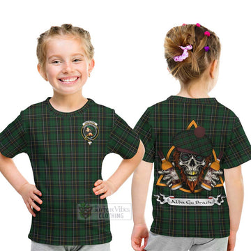 MacAlpine (MacAlpin) Tartan Kid T-Shirt with Family Crest and Bearded Skull Holding Bottles of Whiskey - Tartan Vibes Clothing