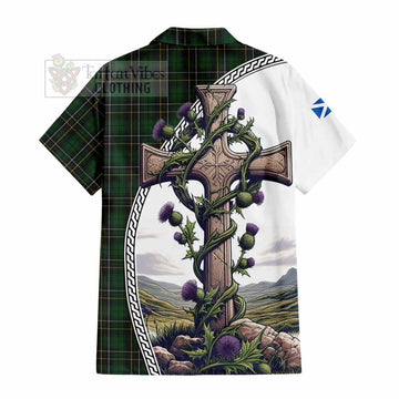 MacAlpine (MacAlpin) Tartan Hawaiian Shirt with Family Crest and St. Andrew's Cross Accented by Thistle Vines - Tartan Vibes Clothing