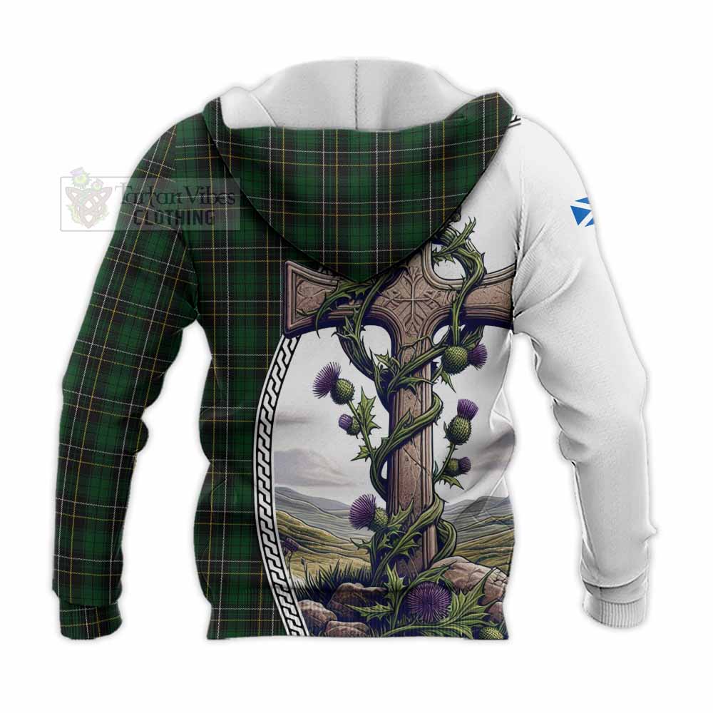 Tartan Vibes Clothing MacAlpine (MacAlpin) Tartan Knitted Hoodie with Family Crest and St. Andrew's Cross Accented by Thistle Vines