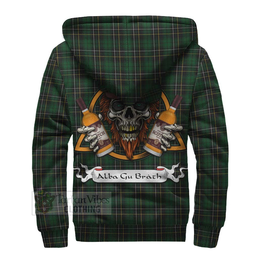 Tartan Vibes Clothing MacAlpine (MacAlpin) Tartan Sherpa Hoodie with Family Crest and Bearded Skull Holding Bottles of Whiskey