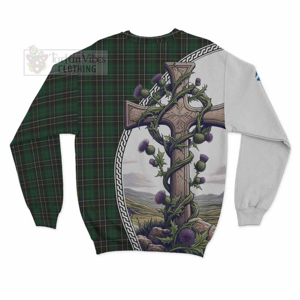 Tartan Vibes Clothing MacAlpine (MacAlpin) Tartan Sweatshirt with Family Crest and St. Andrew's Cross Accented by Thistle Vines