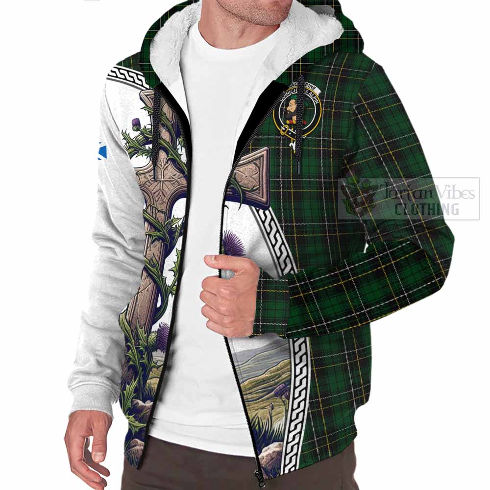 Tartan Vibes Clothing MacAlpine (MacAlpin) Tartan Sherpa Hoodie with Family Crest and St. Andrew's Cross Accented by Thistle Vines