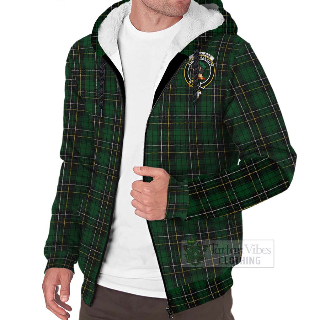 Tartan Vibes Clothing MacAlpine (MacAlpin) Tartan Sherpa Hoodie with Family Crest and Bearded Skull Holding Bottles of Whiskey