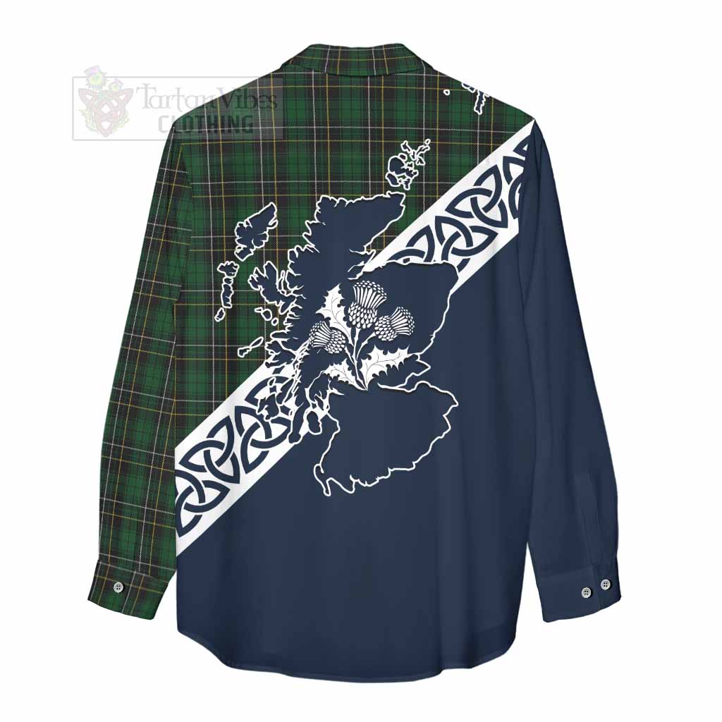 Tartan Vibes Clothing MacAlpine (MacAlpin) Tartan Women's Casual Shirt Featuring Thistle and Scotland Map