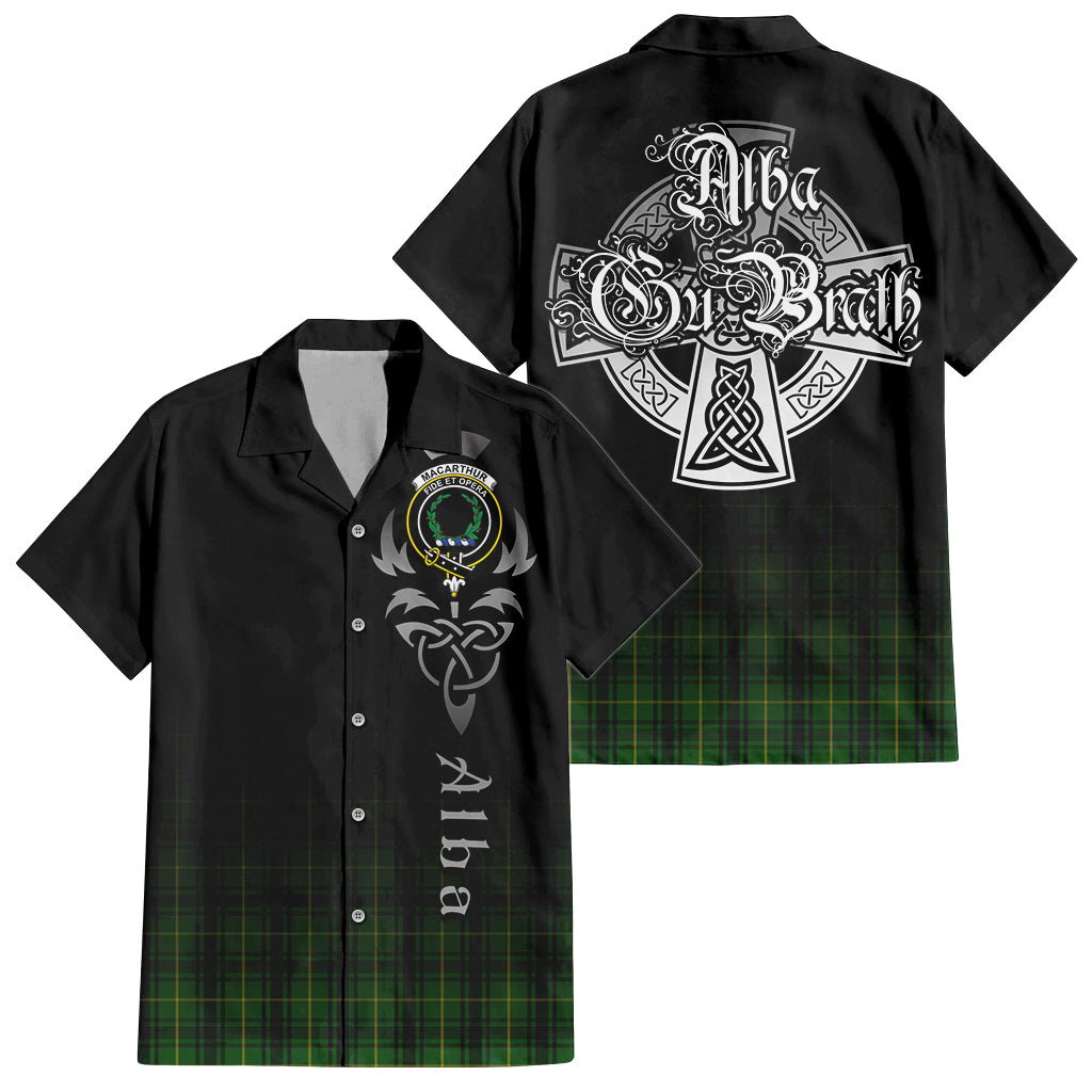 Tartan Vibes Clothing MacArthur Tartan Short Sleeve Button Up Featuring Alba Gu Brath Family Crest Celtic Inspired