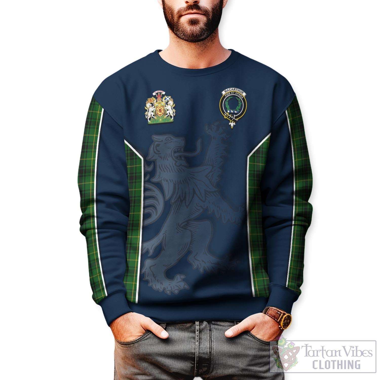 Tartan Vibes Clothing MacArthur Tartan Sweater with Family Crest and Lion Rampant Vibes Sport Style