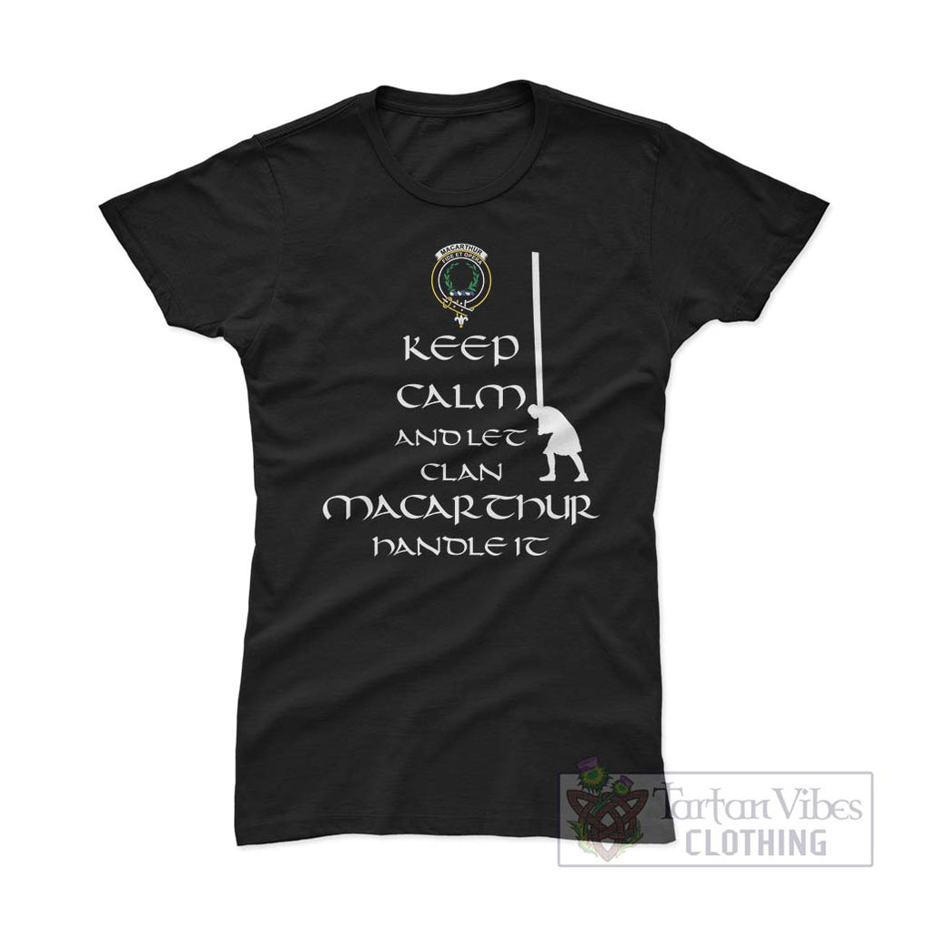 MacArthur (McArthur) Clan Women's T-Shirt: Keep Calm and Let the Clan Handle It Caber Toss Highland Games Style Pink Azalea - 2D-tartanvibesclothing