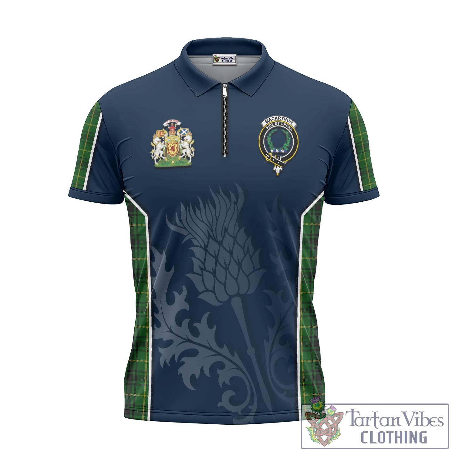 Tartan Vibes Clothing MacArthur Tartan Zipper Polo Shirt with Family Crest and Scottish Thistle Vibes Sport Style