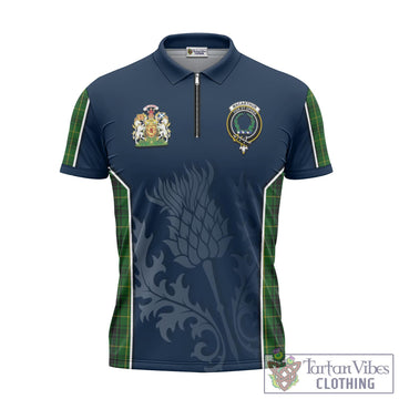 MacArthur (McArthur) Tartan Zipper Polo Shirt with Family Crest and Scottish Thistle Vibes Sport Style