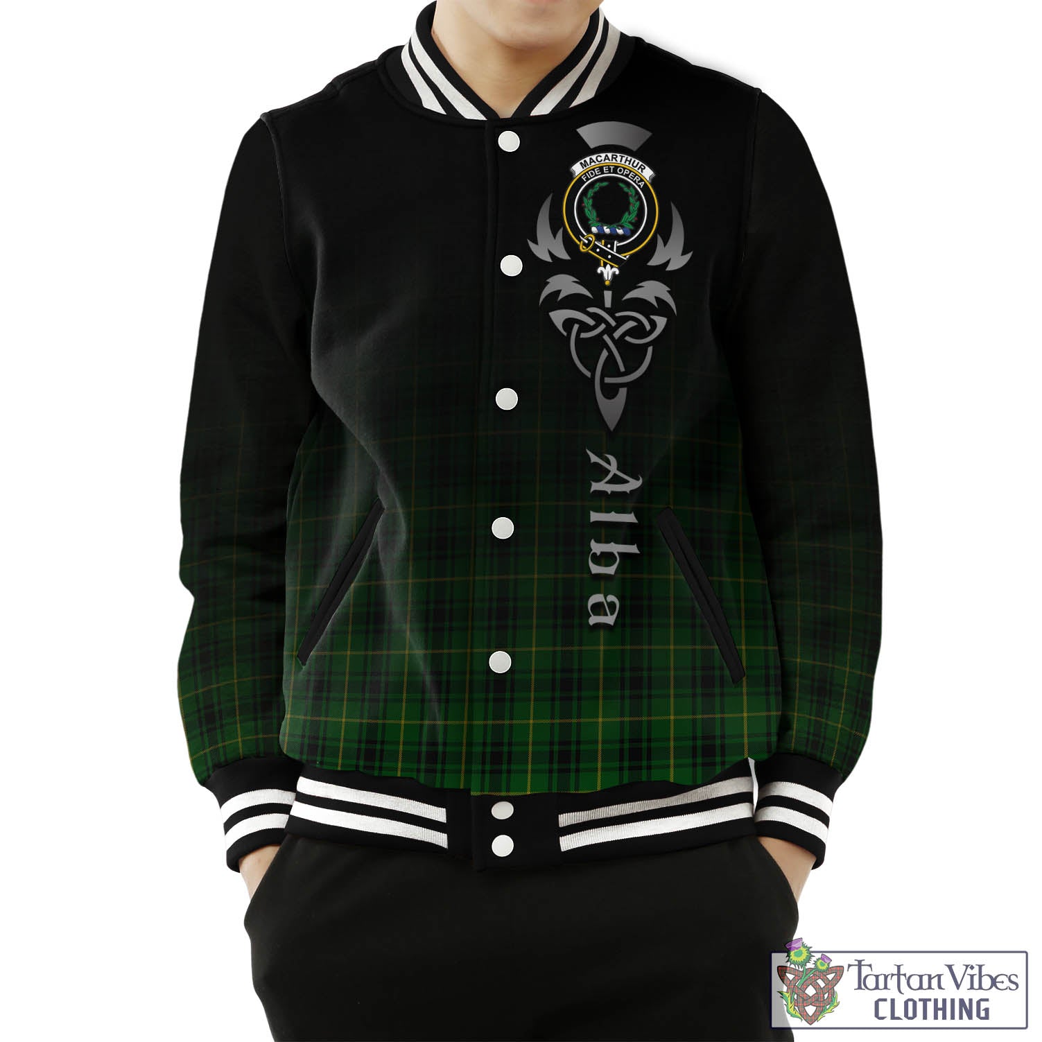 Tartan Vibes Clothing MacArthur Tartan Baseball Jacket Featuring Alba Gu Brath Family Crest Celtic Inspired