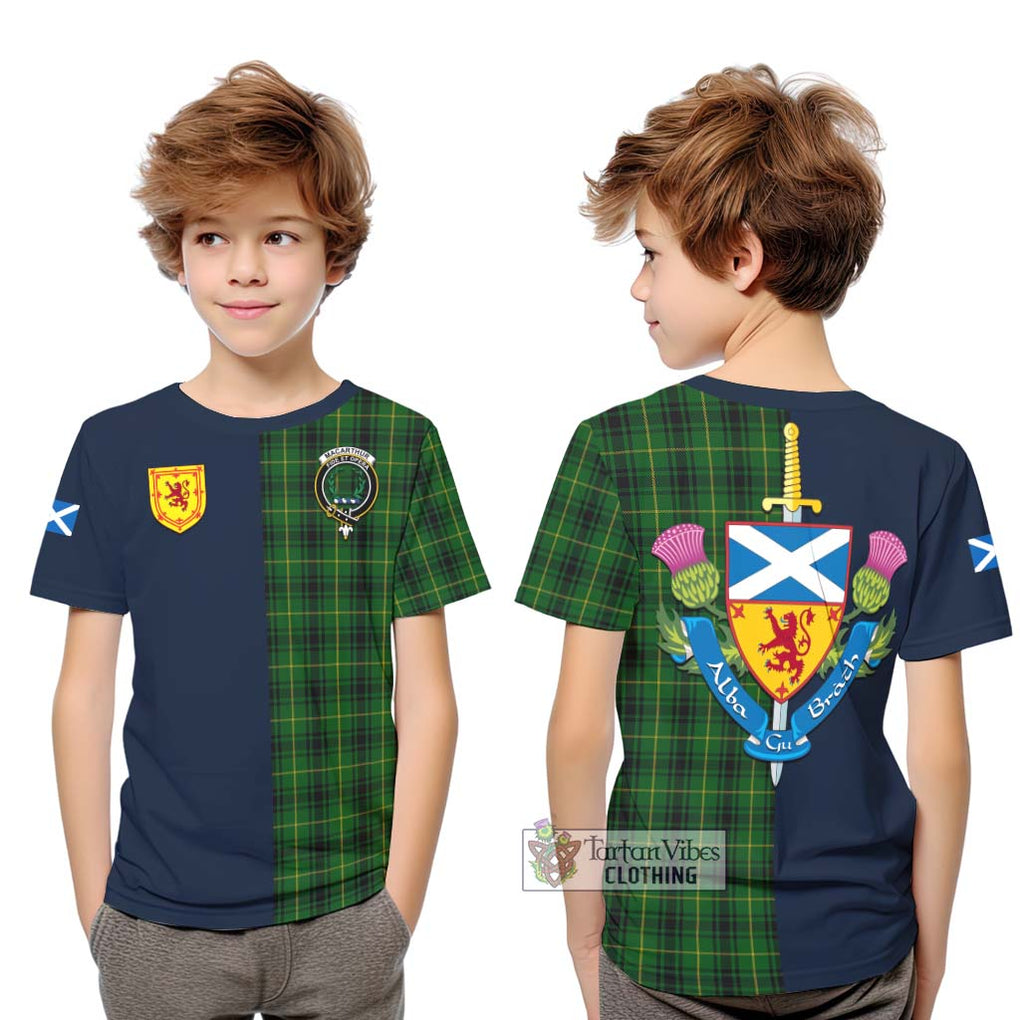 Tartan Vibes Clothing MacArthur Tartan Kid T-Shirt with Scottish Lion Royal Arm Half Style