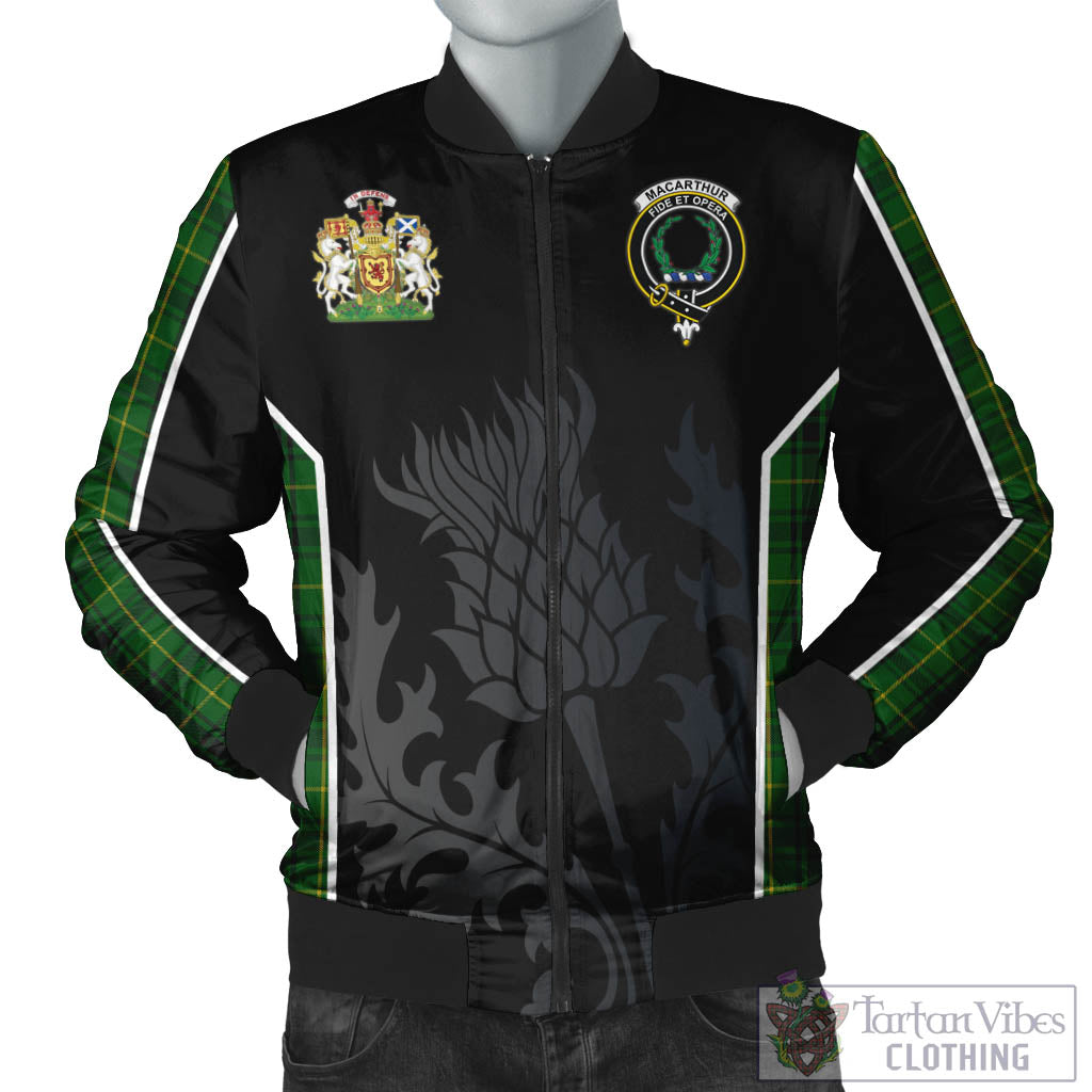 Tartan Vibes Clothing MacArthur Tartan Bomber Jacket with Family Crest and Scottish Thistle Vibes Sport Style