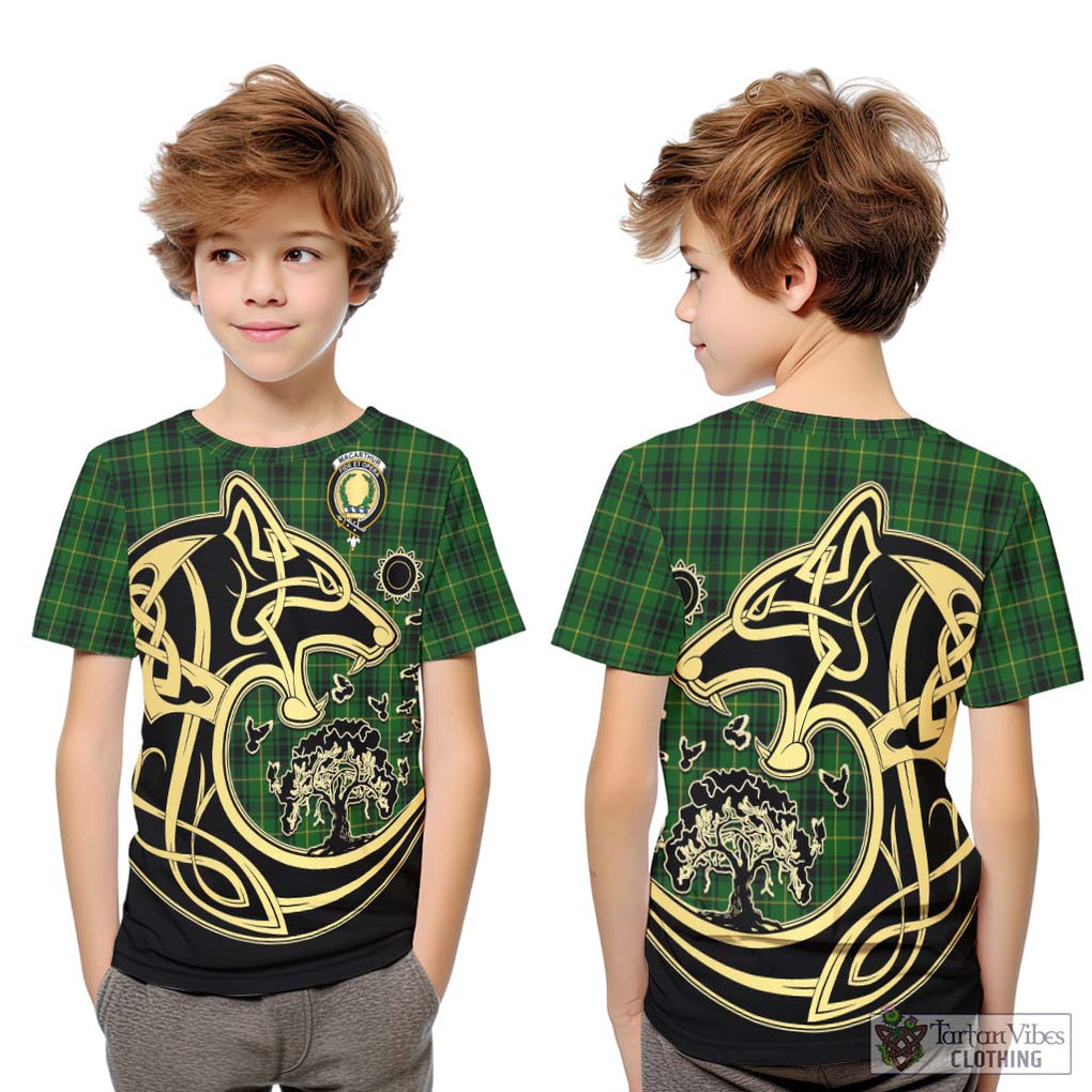 MacArthur (McArthur) Tartan Kid T-Shirt with Family Crest Celtic Wolf Style Youth XL Size14 - Tartan Vibes Clothing