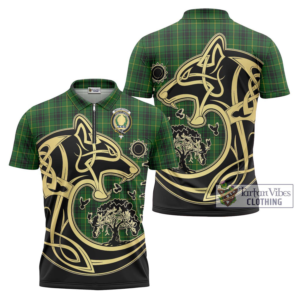 MacArthur (McArthur) Tartan Zipper Polo Shirt with Family Crest Celtic Wolf Style Unisex - Tartanvibesclothing Shop